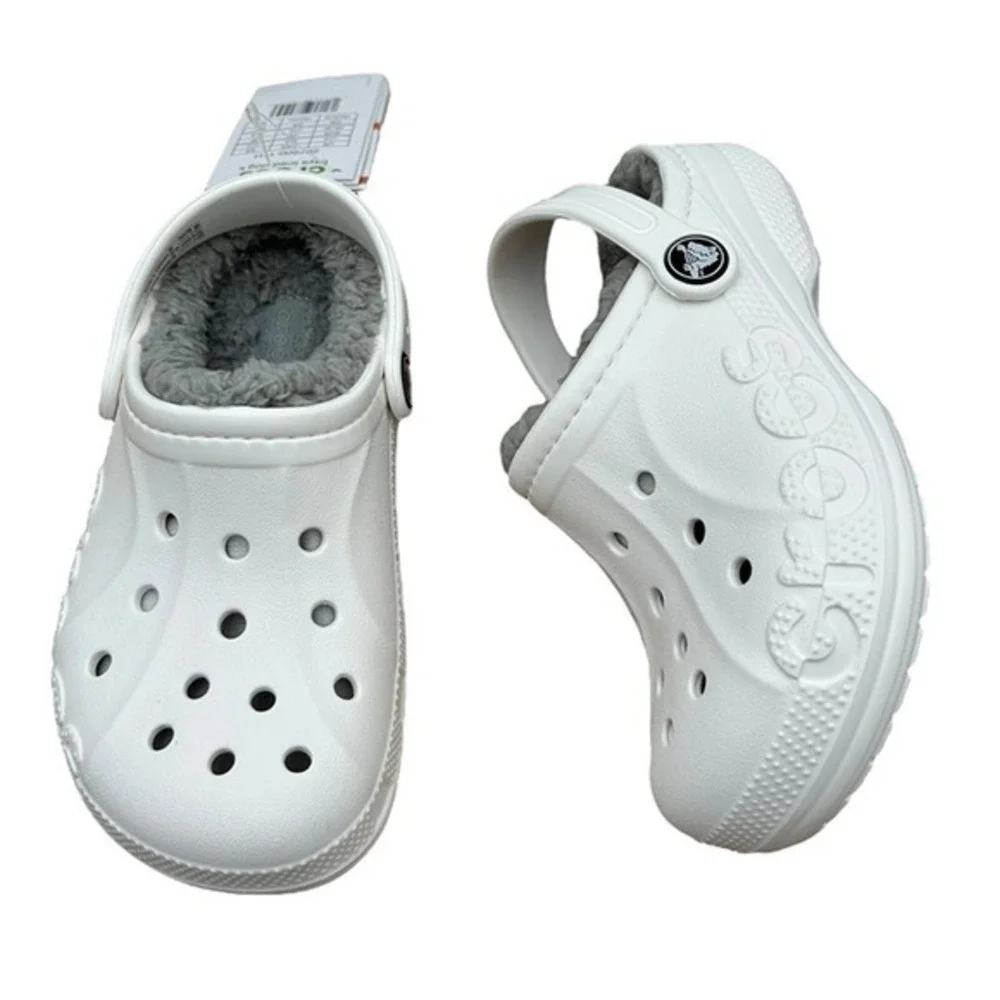 Crocs Baya Little Girls Boys Faux Fur Slip-on Clog Size 12 White-Gray Warm Shoes